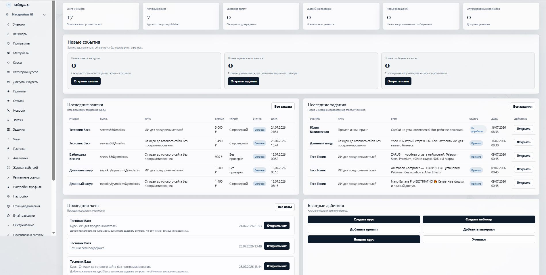 Административная панель образовательной платформы ГАЙДра